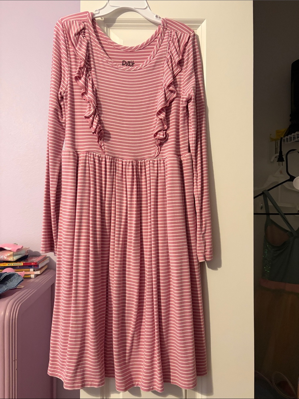 Little Sleepies Pink and White Striped Ruffle-Front Long-Sleeve Dress